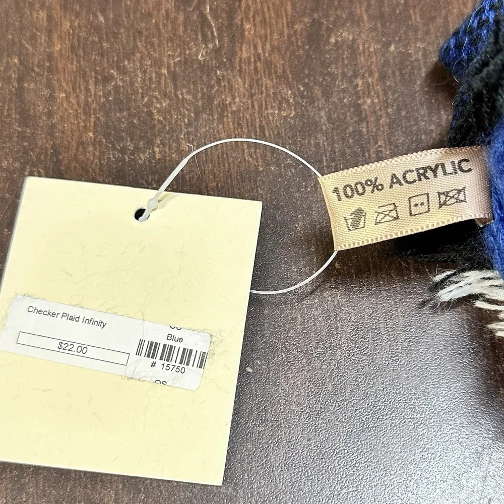 HANA Checker Plaid Infinity Scarf Blue Black Multicolor Fringe NWT Acrylic